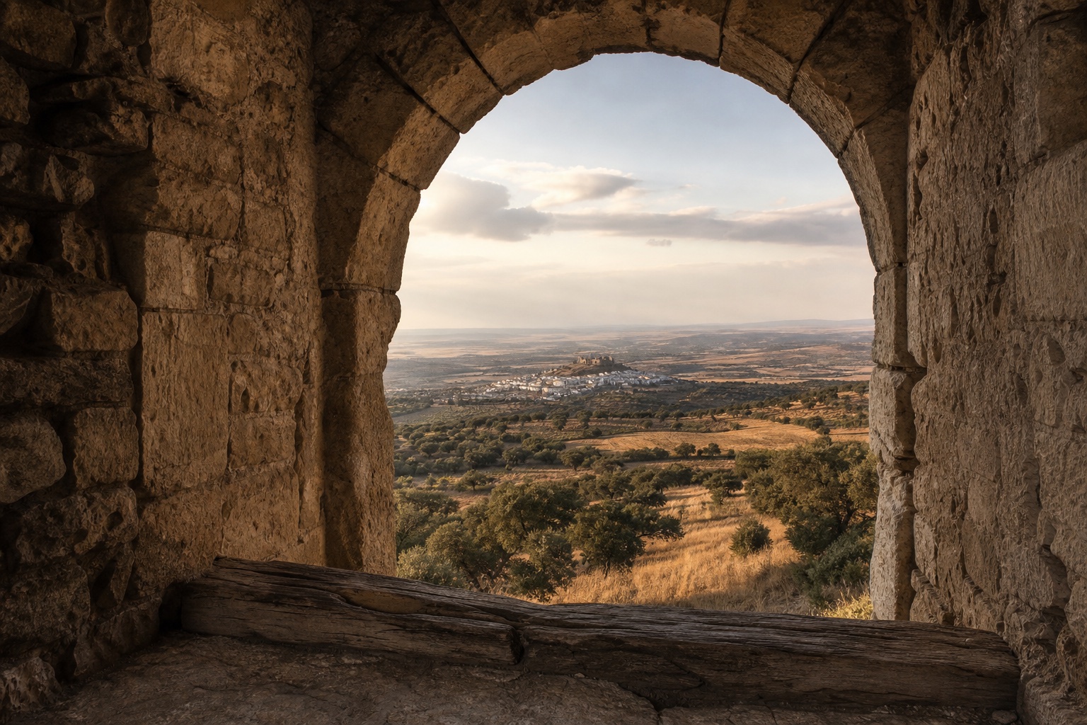 A weathered stone arch framing the Alentejo landscape